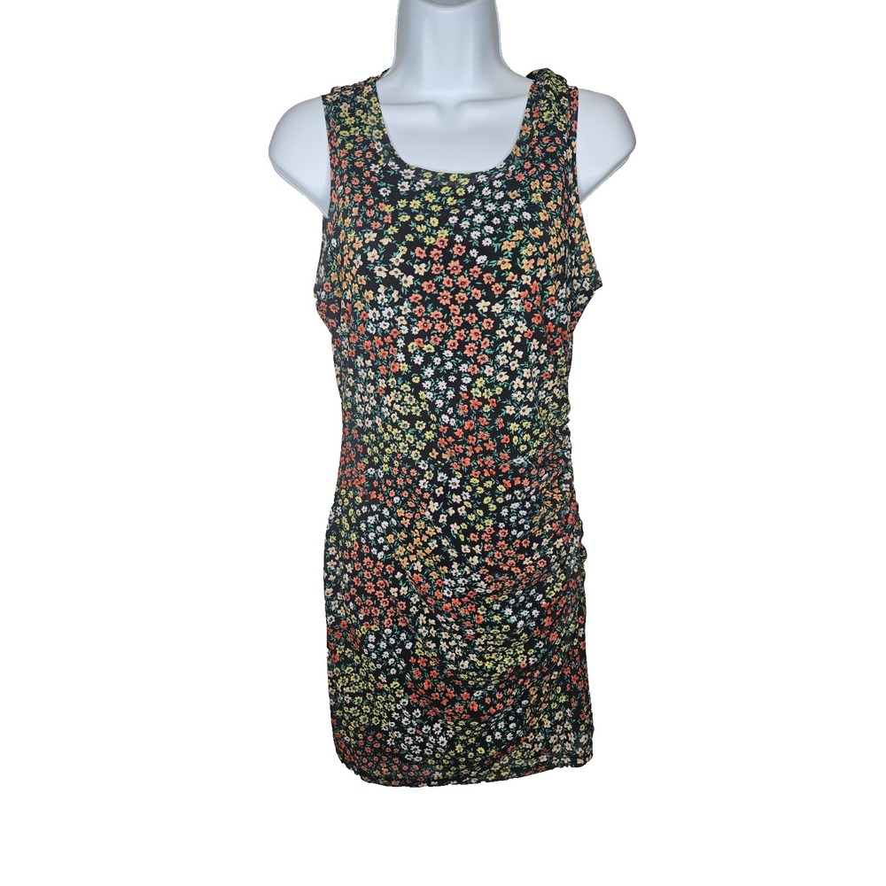 Love Fire Floral Ruched Bodycon‎ Dress Sleeveless Black Multicolor M